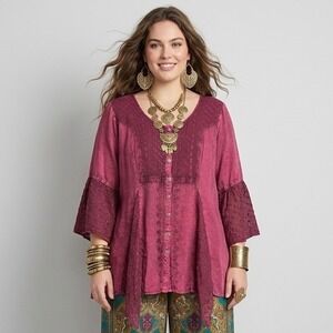 Denim 24/7 Top 24W Red Embroidered Peasant Blouse Boho Festival Ren Faire